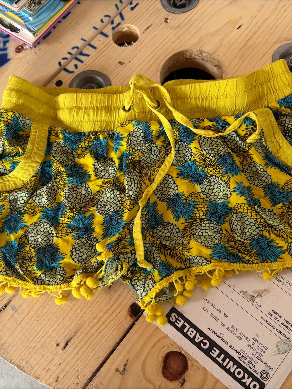 Yellow Pineapple Print Pom-Pom Athletic Shorts
